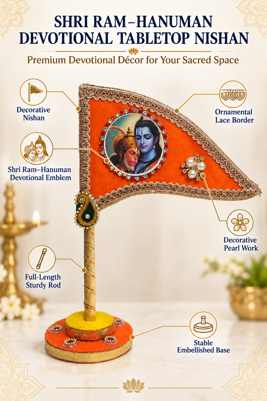 Shri Ram Hanuman orange devotional tabletop nishan features
