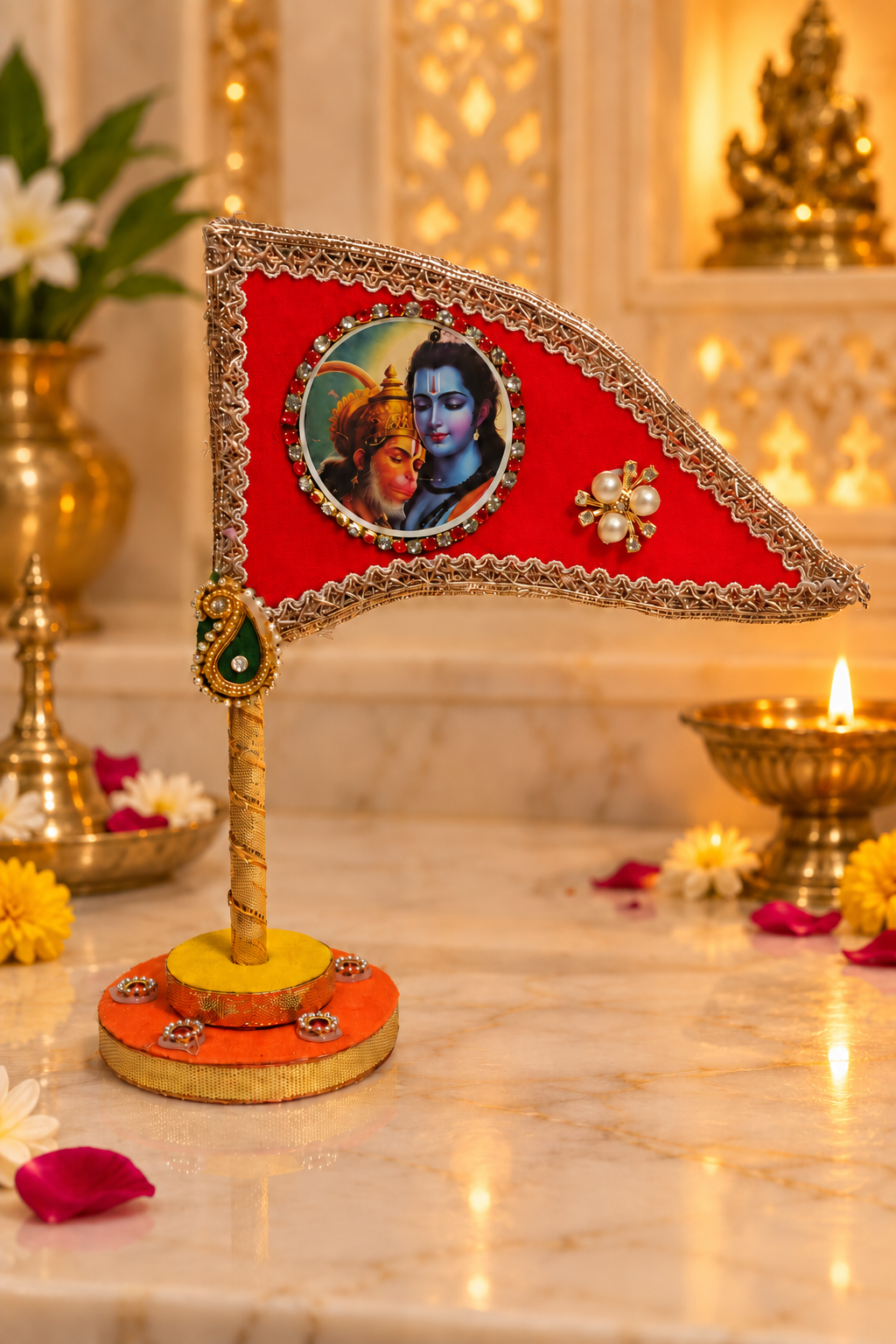 Shri Ram Hanuman red tabletop nishan home temple view