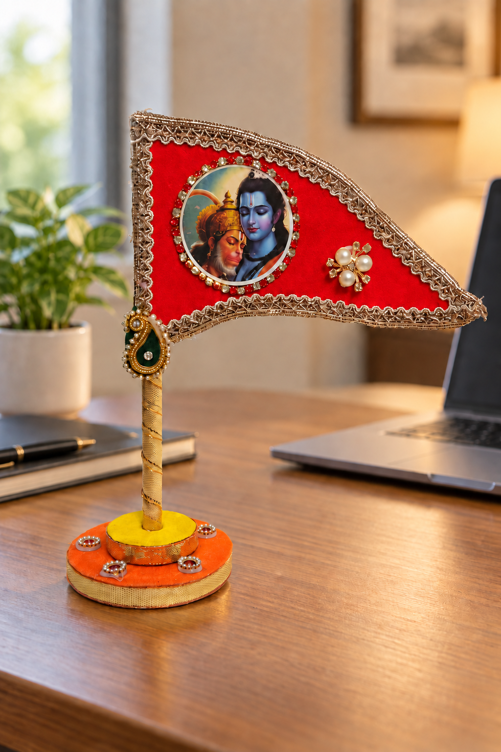 Shri Ram Hanuman red tabletop nishan office desk view