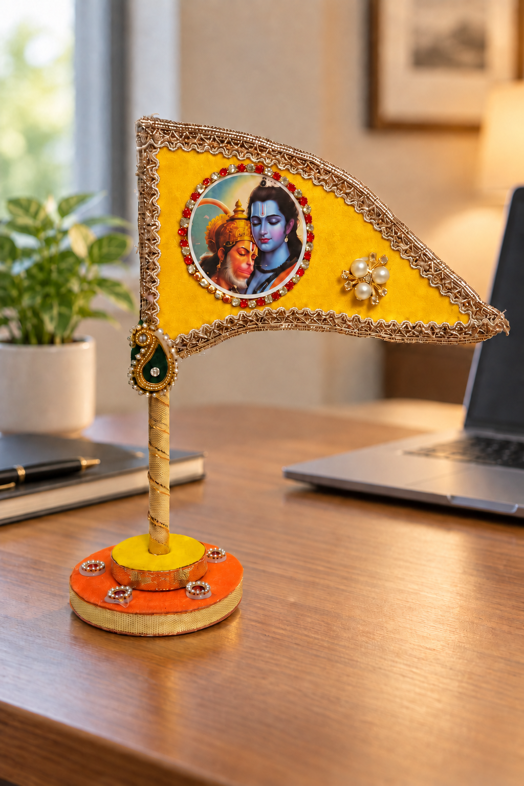 Shri Ram Hanuman yellow tabletop nishan on office desk