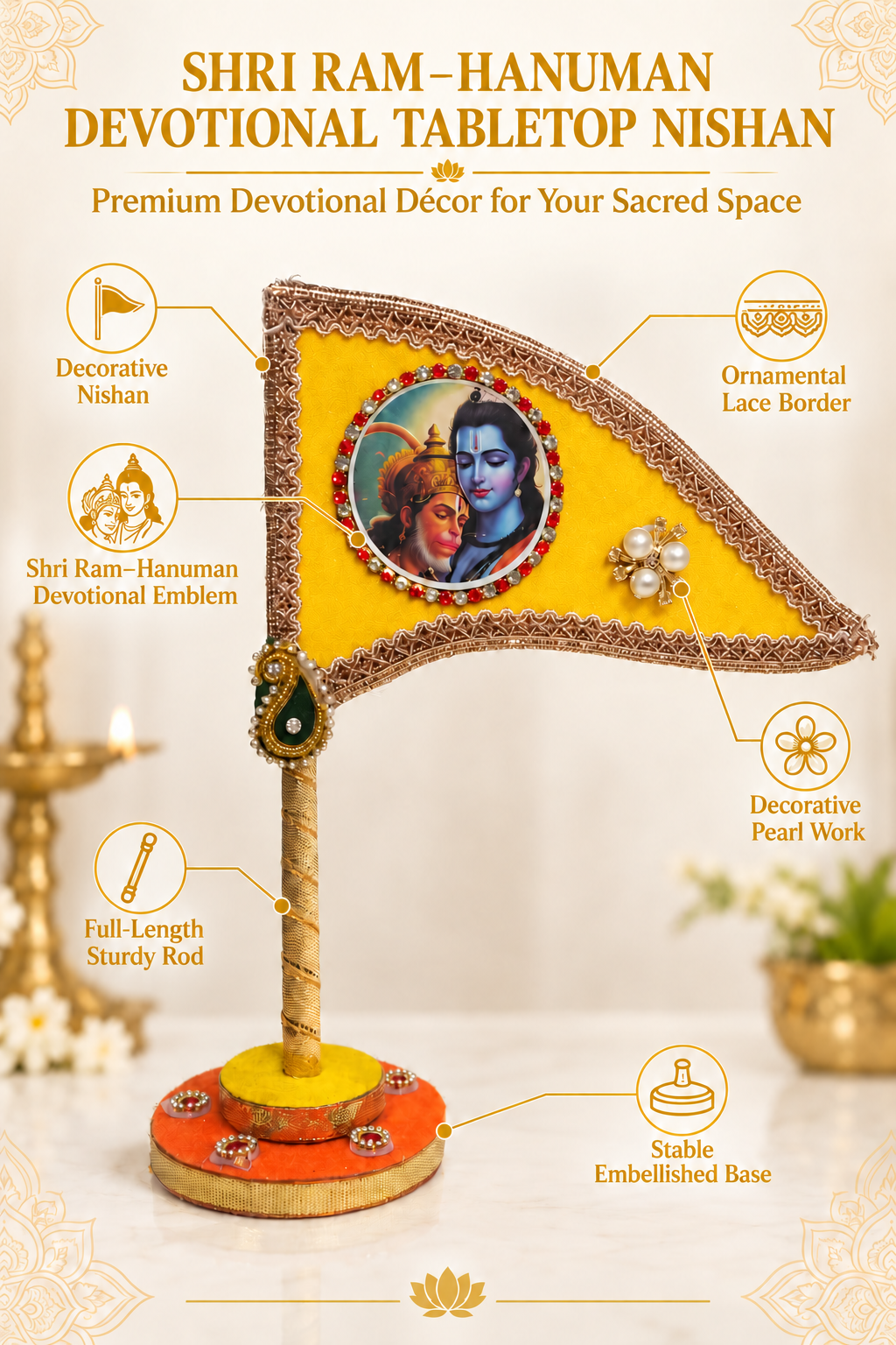 Shri Ram Hanuman yellow tabletop nishan in home temple